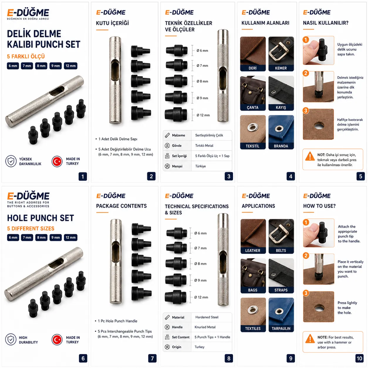 Delik Delme Kalıbı Punch Set 6 mm 7 mm 8 mm 9 mm 12 mm EDPCH0001 - Hassas delik açma aparatı